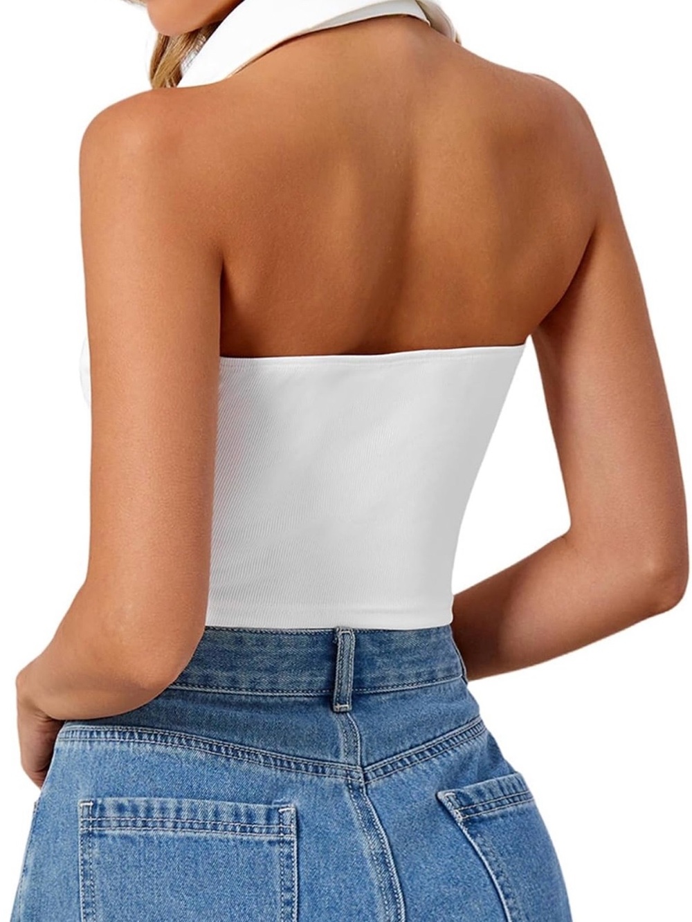 White Ribbed Halter Collared Crop Top - Picture 2 of 4